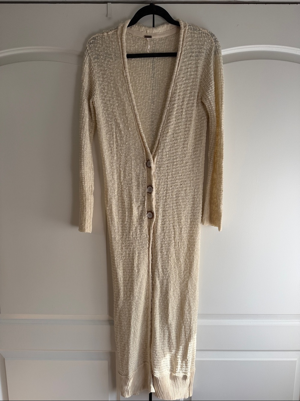 Free People Cream Long Rib-Knit Button Cardigan Duster